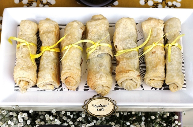Chocolate filled pastry rolls rolled up to look like a diploma