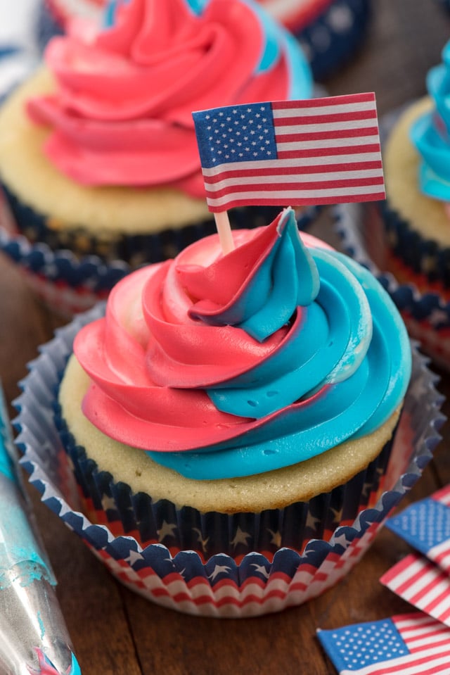 close up of 4th of July swirl cupcake