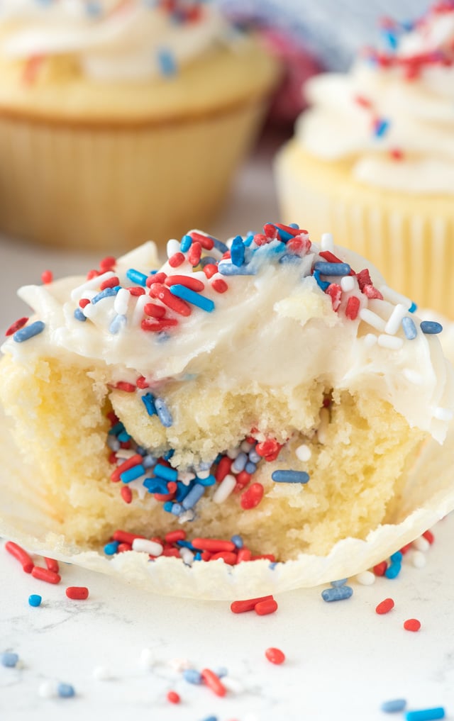 cut open fireworks cupcake with sprinkles inside