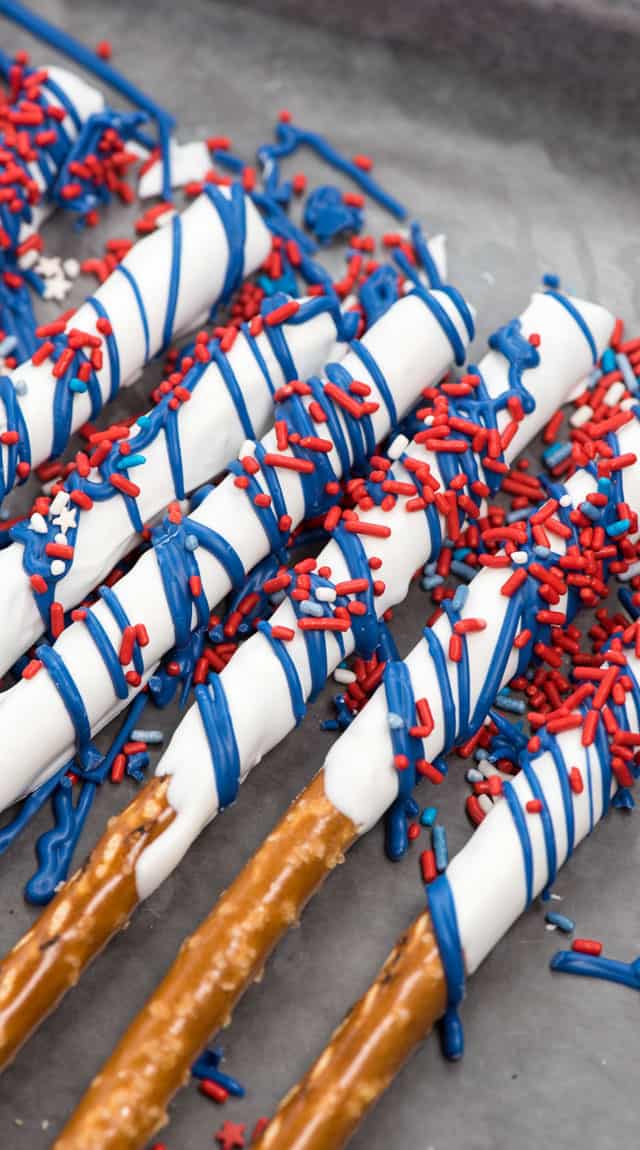 pretzel sticks covered with red, white and blue decorations