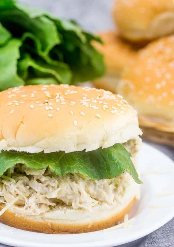 Instapot chicken caesar salad sandwiches with lettuce on a white plate