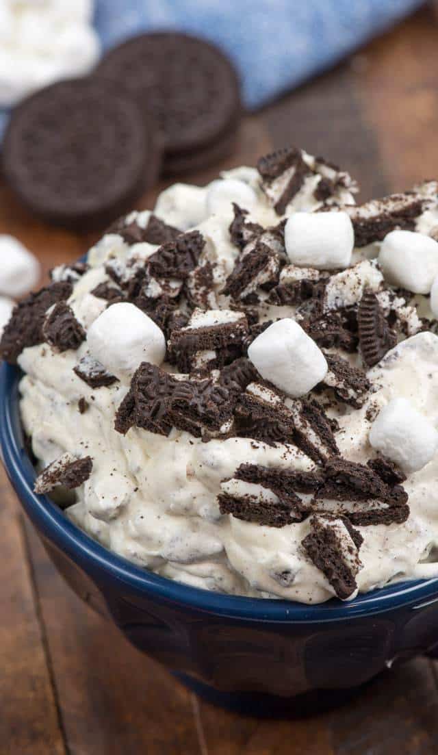 Oreo fluff salad in a blue bowl 