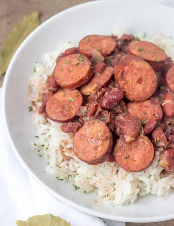 Instapot red beans and rice with sausage in a white bowl