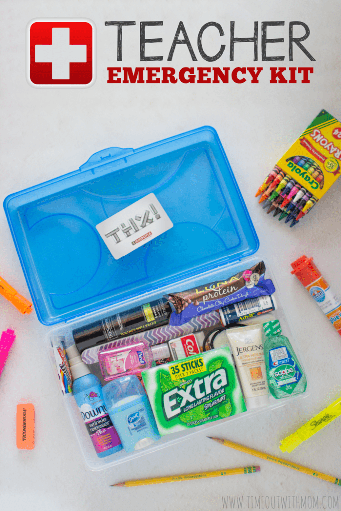 a plastic container filled with lot's of little containers and it is an emergency kit gift for a teacher