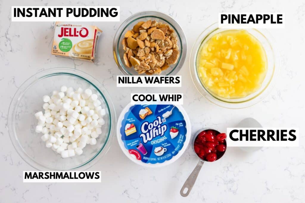 ingredients in fluff on counter graphic.