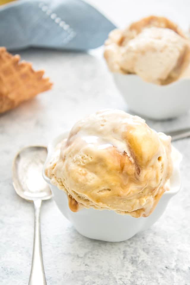 caramel ice cream close up in dish