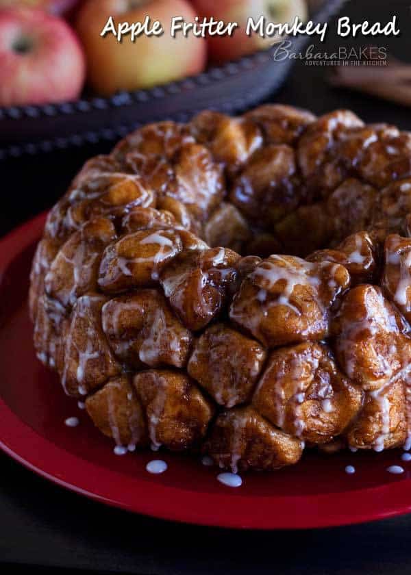 apple fritter monkey bread on a red plate