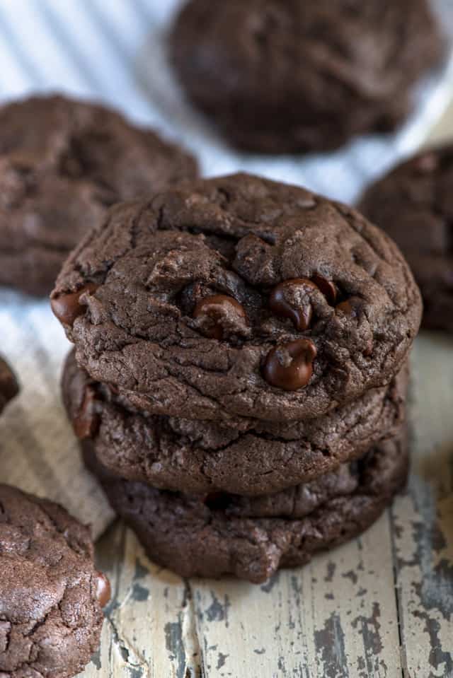 chocolate cake mix cookies in a stack