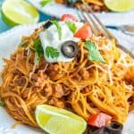TACO PASTA on a white plate with a fork