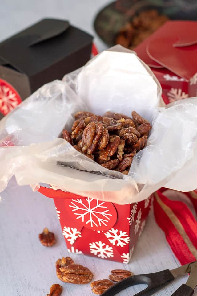 candied nuts in a Christmas gift box