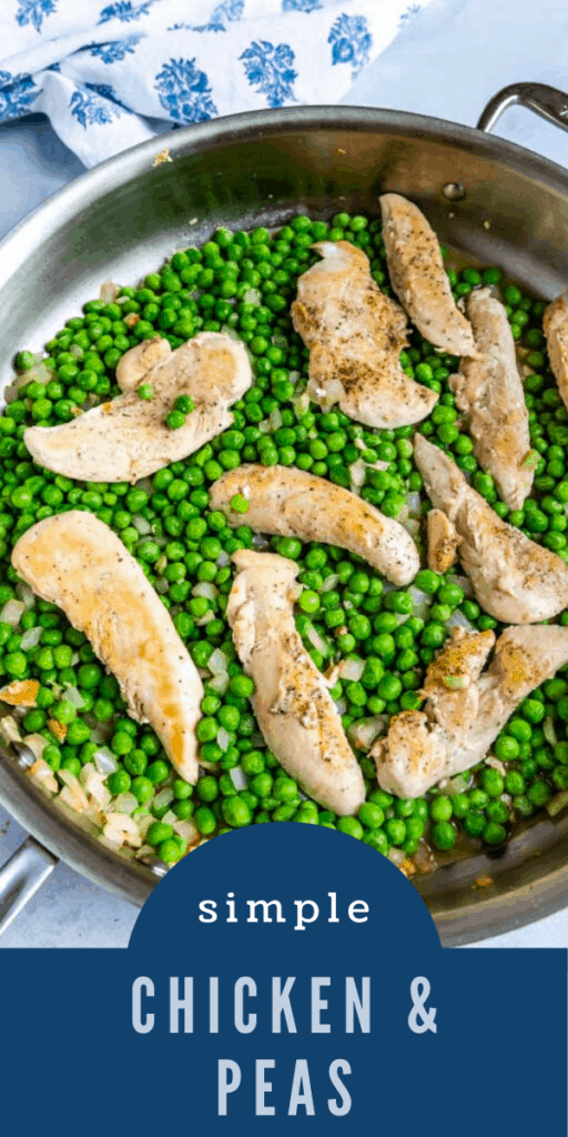 chicken and peas overhead shot in pan with words