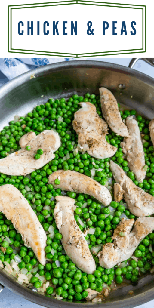 chicken and peas in a skillet with writing