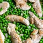 chicken and peas in a pan