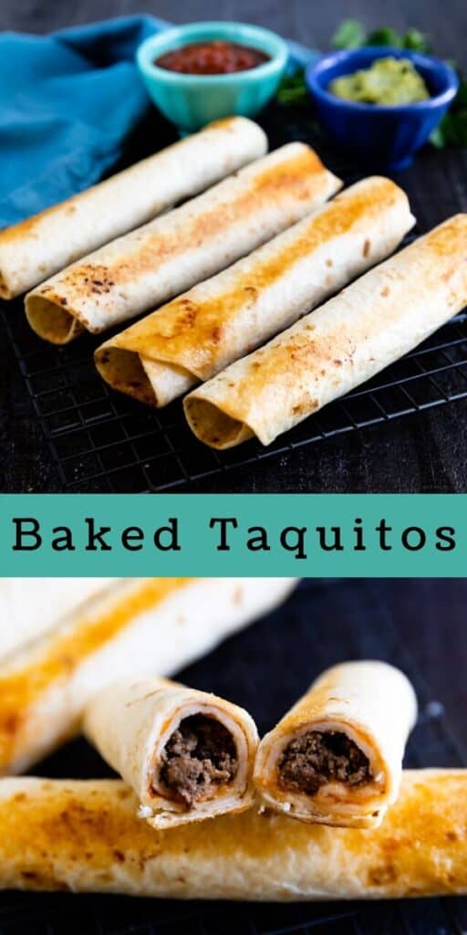 Photo collage of baked taquitos with colorblock and recipe title in middle of photos