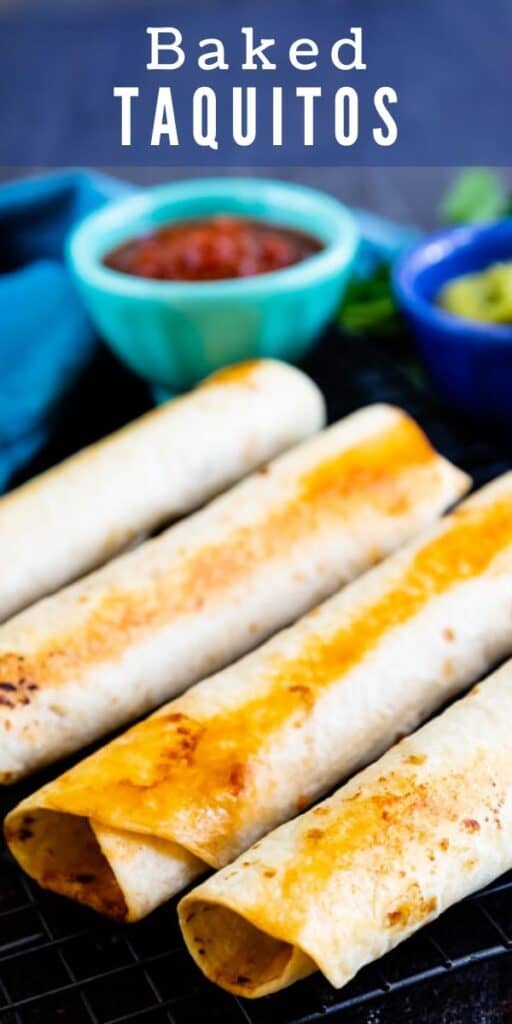 Four baked taquitos on a cooling rack with salsa in the background and recipe title on top of photo