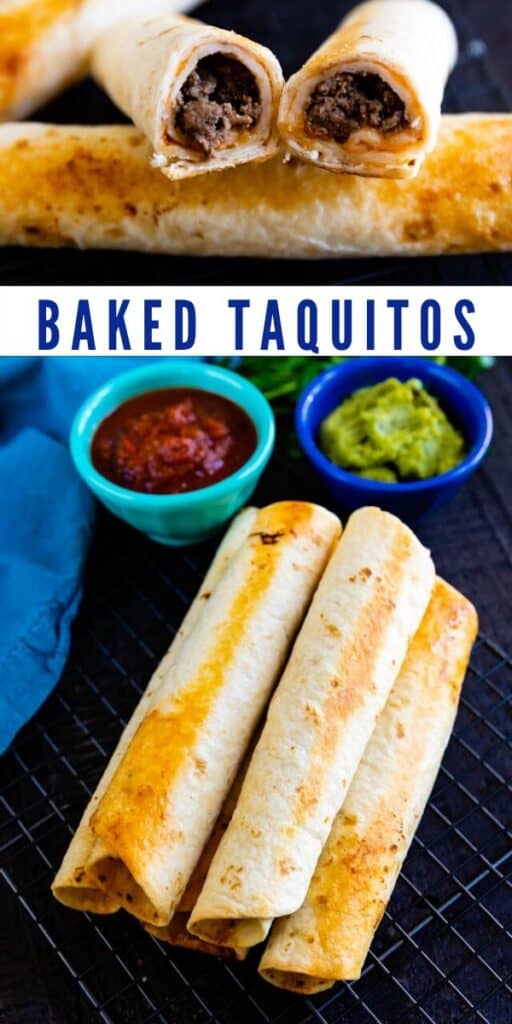 Photo collage of baked taquitos with recipe title in middle of photos