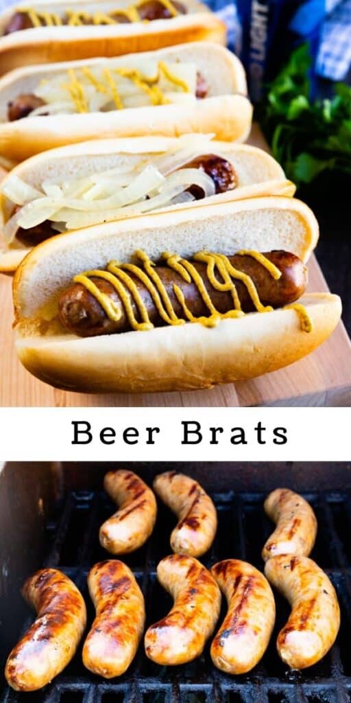 Photo collage of beer brats on the grill and finished with recipe title in the middle