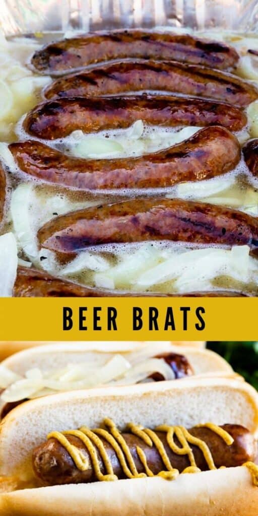 Photo collage of two photos of beer brats with recipe title in the middle
