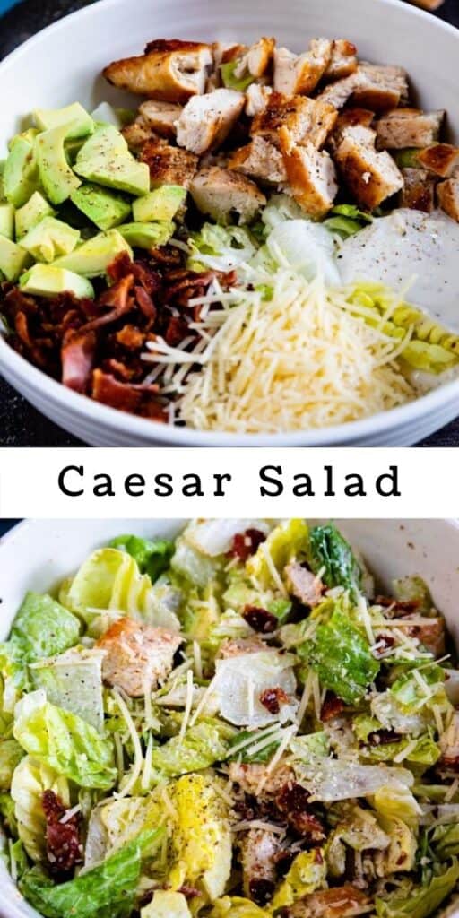 Photo collage of caesar salad in white bowl with recipe title in the middle