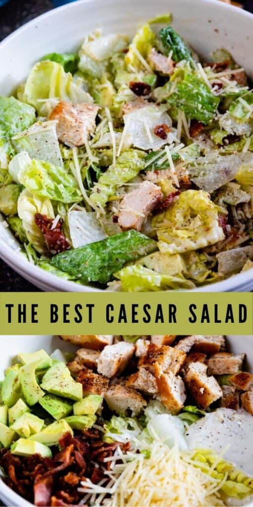 Two photo collage of caesar salad in a white bowl with recipe title in the middle of the photos