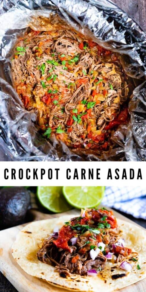 Photo collage of crockpot carne asada in crockpot and in taco with recipe title in the middle