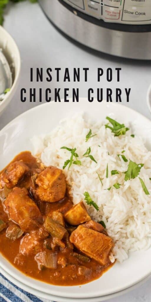 Plate of chicken curry with rice on a table with instant pot showing and recipe title on top