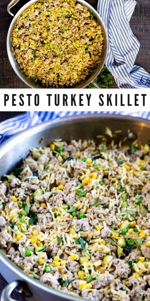 Two photo collage of pesto turkey skillet in pans with recipe title in middle