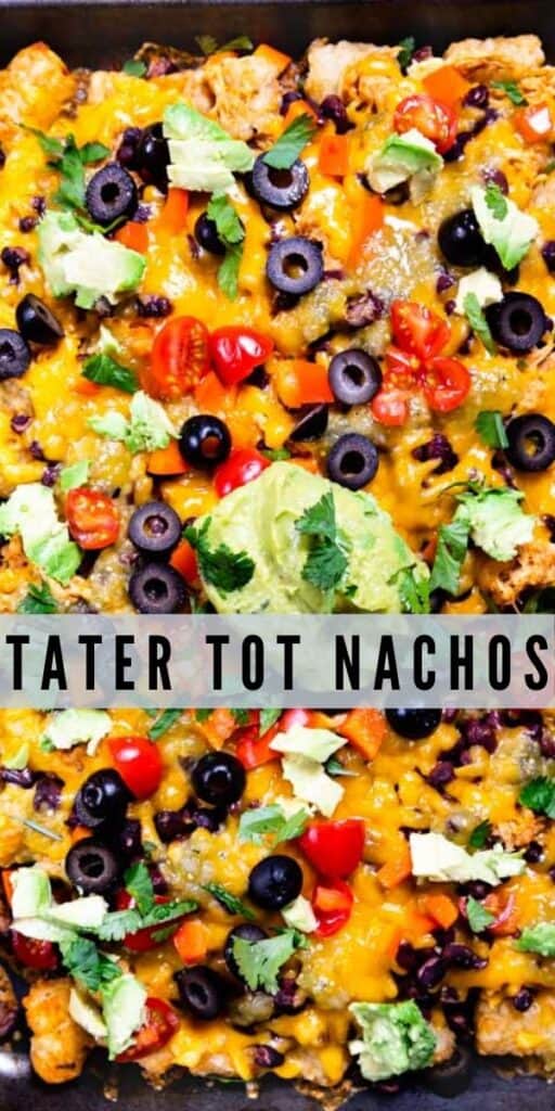 Overhead shot of tater tot nachos with text