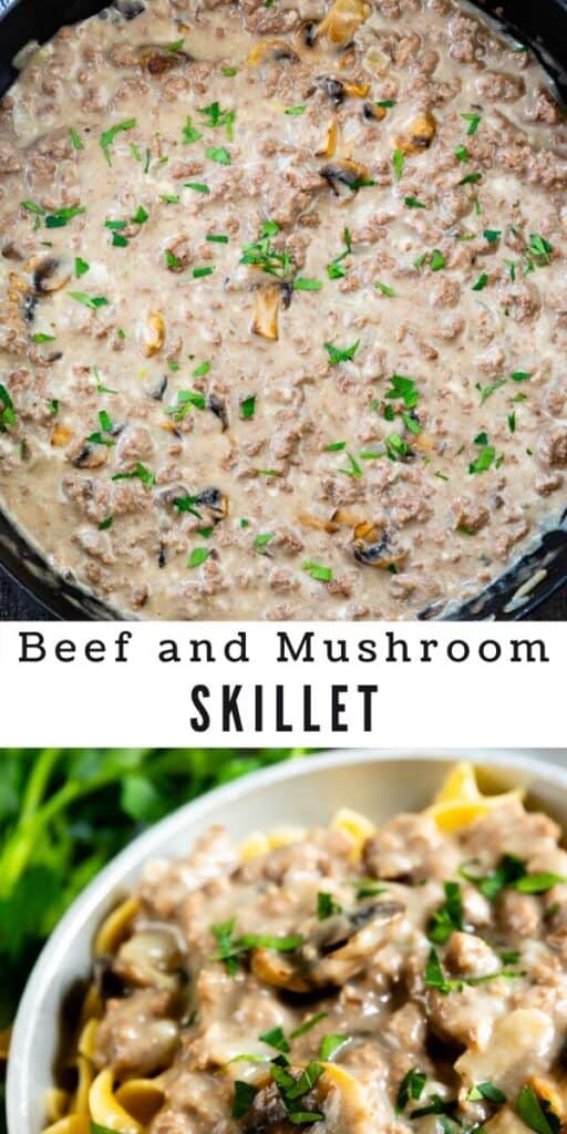 Photo collage showing different views of beef and mushroom skillet with the recipe title in the middle of photos