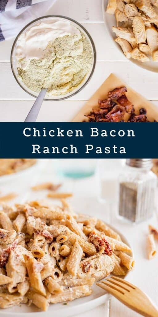 Collage of two photos showing chicken bacon ranch being prepared and on a plate with recipe title in middle of photos