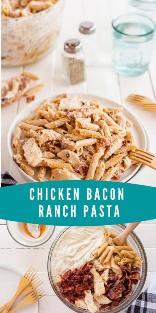 Collage of chicken bacon ranch pasta photos with teal color bock and recipe title in middle