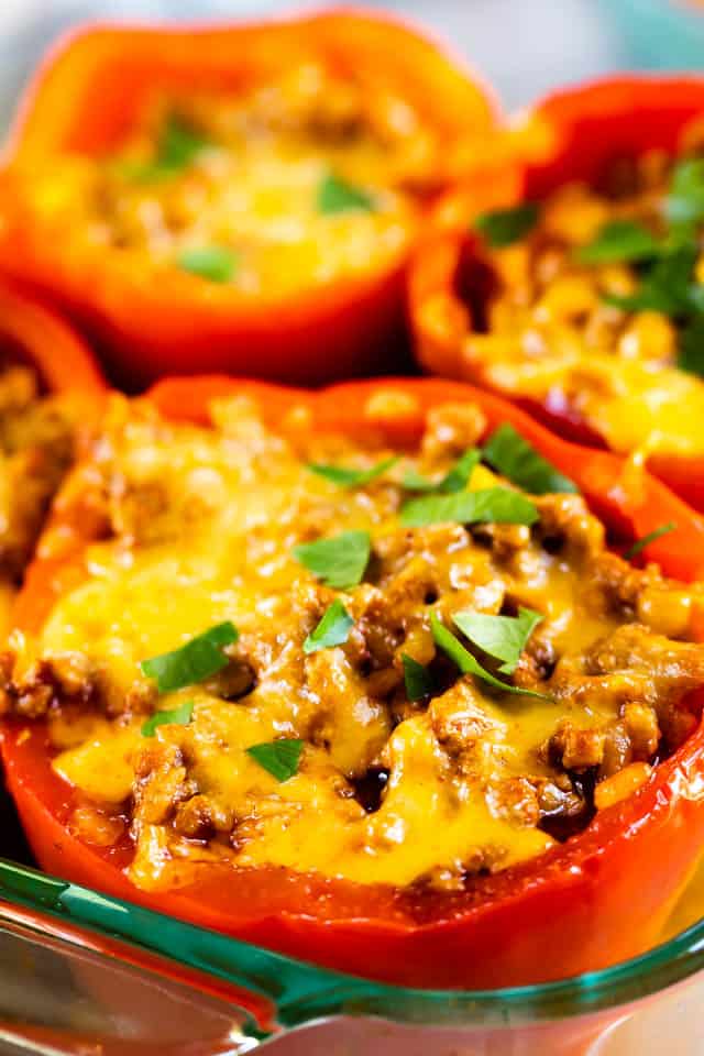 Close up shot of enchilada stuffed peppers