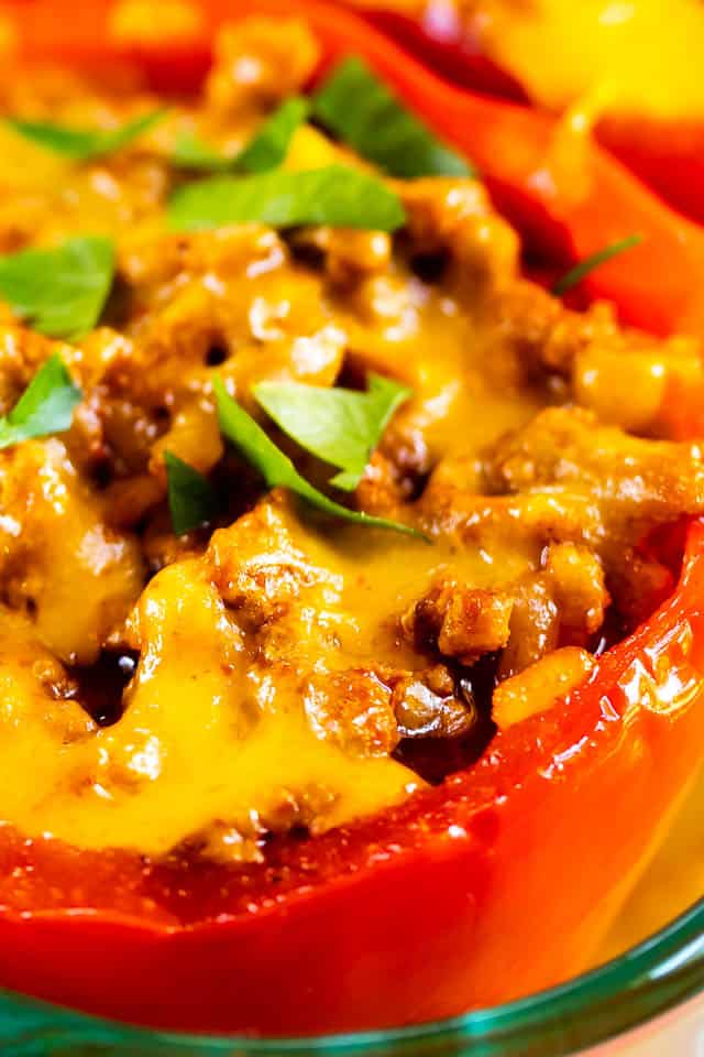 Close up photo of enchilada stuffed peppers with cilantro on top