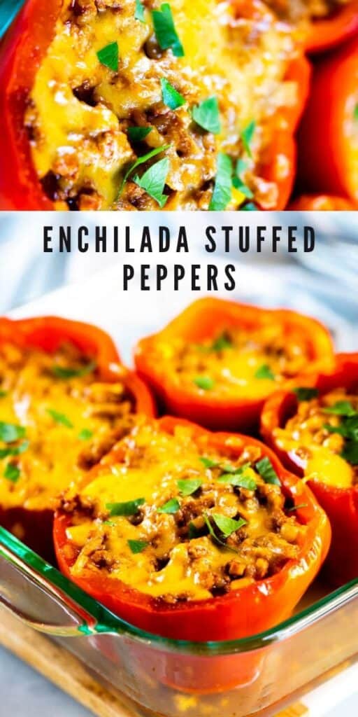 Two photos in a collage showing enchilada stuffed peppers