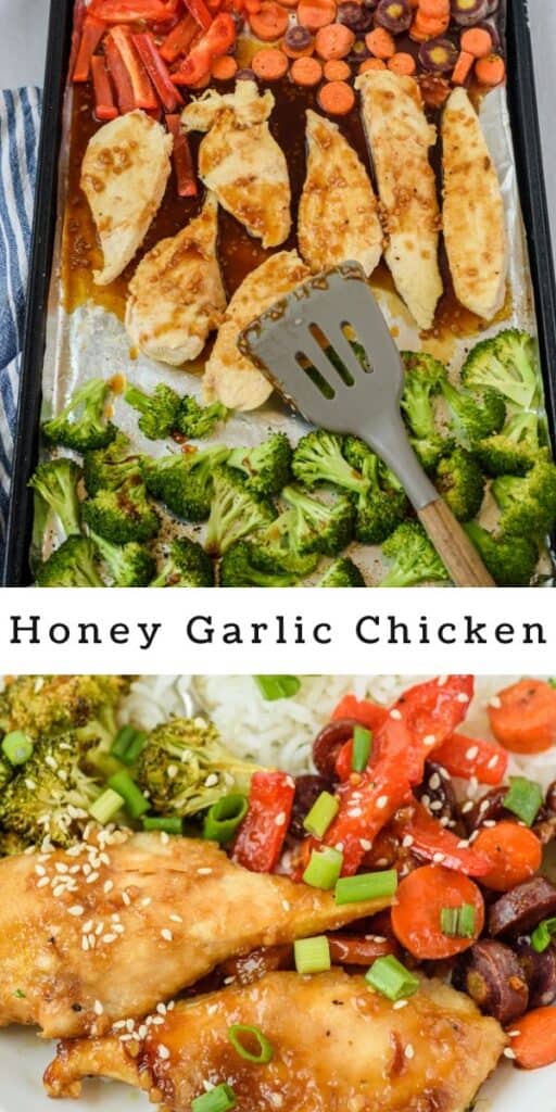 Photo collage showing sheet pan honey garlic chicken with recipe title in middle