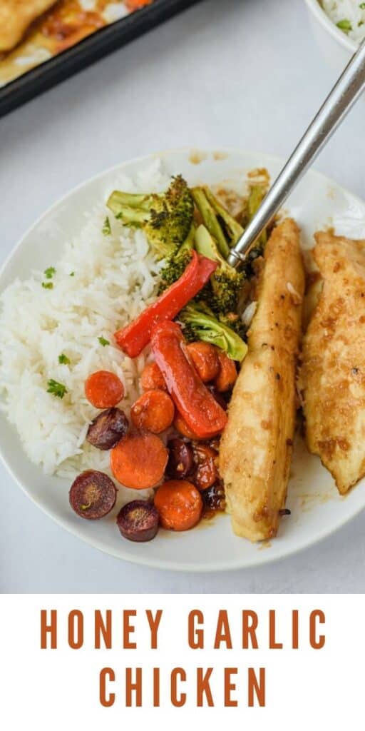 Overhead shot of honey garlic chicken, vegetables and rice on a white plate with fork and recipe title on bottom of image