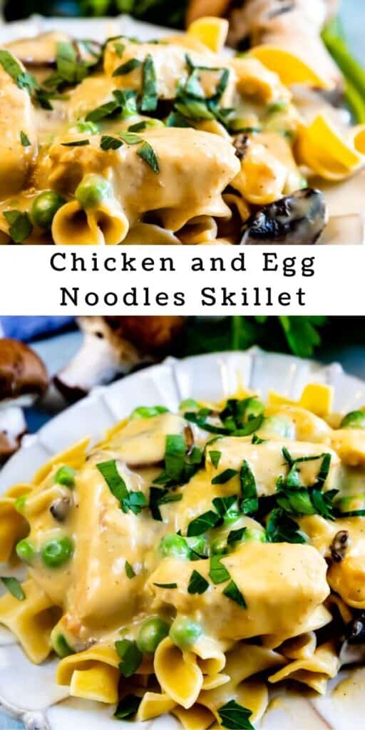 Photo collage of chicken and egg noodle skillet with recipe title in the middle