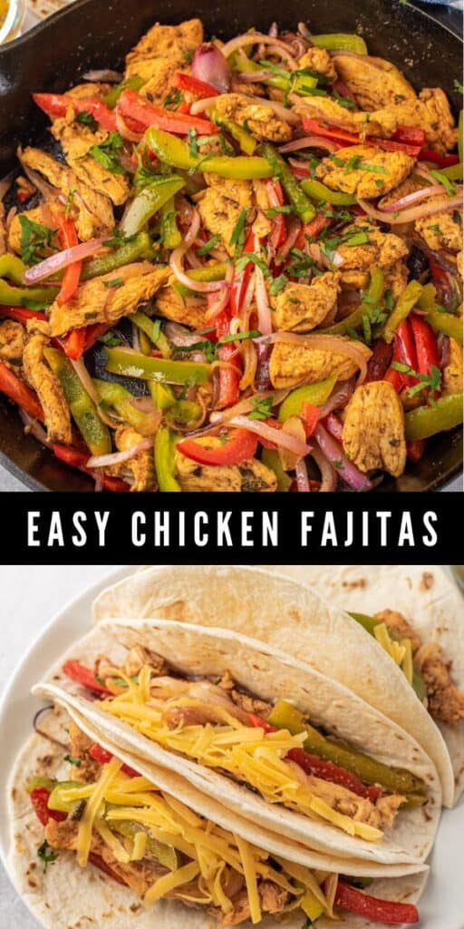 Collage of easy chicken fajitas with recipe title in between photos