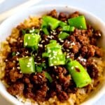 bowl of beef and snap peas.