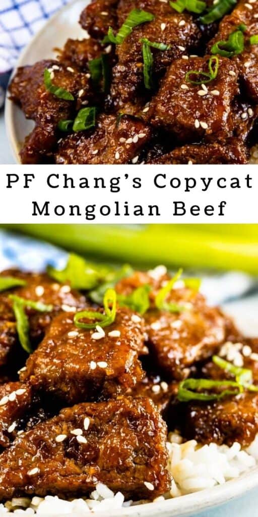 Photo collage of mongolian beef with recipe title in middle of photos