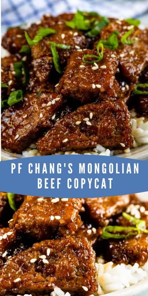 Photo collage of mongolian beef recipe with color block and recipe title in middle of photo