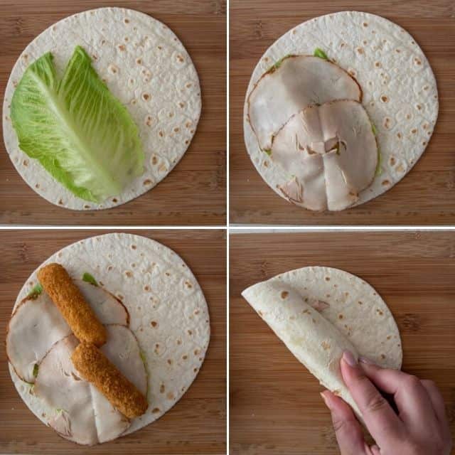 Collage showing the process of building easy turkey wraps