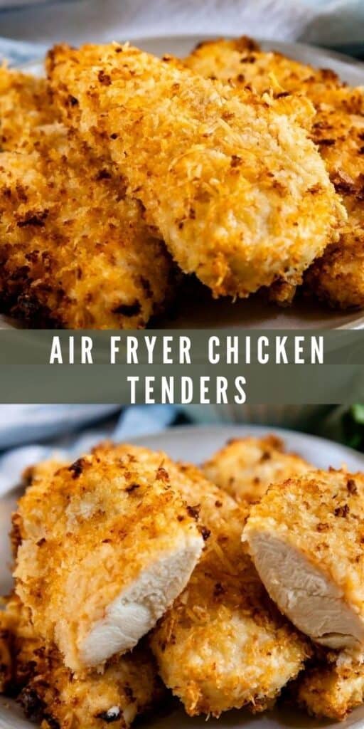 Collage of air fryer chicken tenders with recipe title in middle