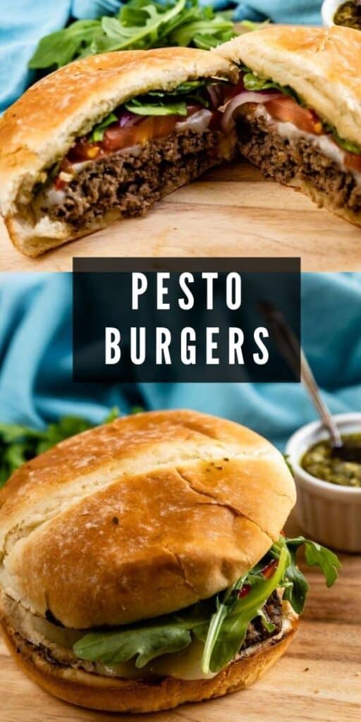 Photo collage showing pesto burgers with recipe title in middle
