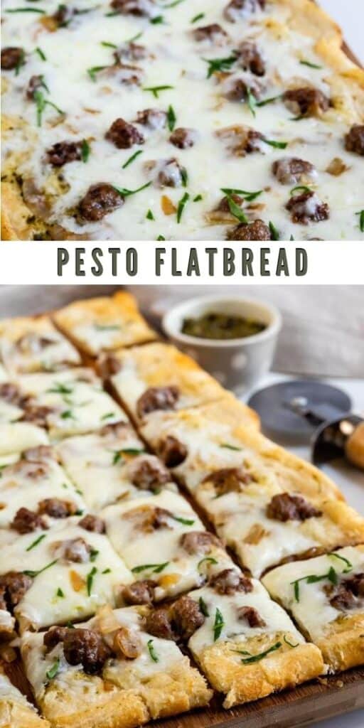 Pesto flatbread collage with recipe title between two photos