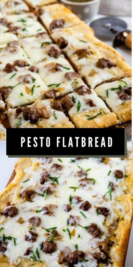 Pesto flatbread collage with recipe title in middle of photos