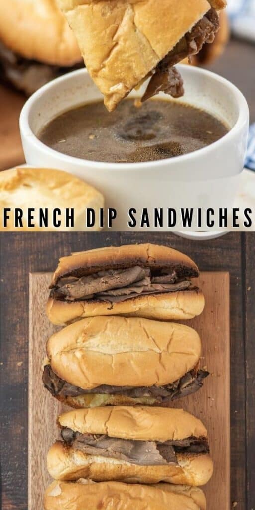 Collage of french dip sandwich photos with recipe title in between them