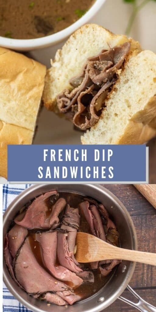 Two photos of french dip sandwiches in a collage with recipe title in the middle