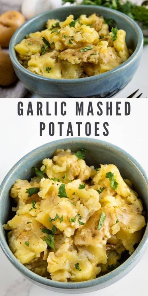 Photo collage showing garlic mashed potatoes with recipe title in between