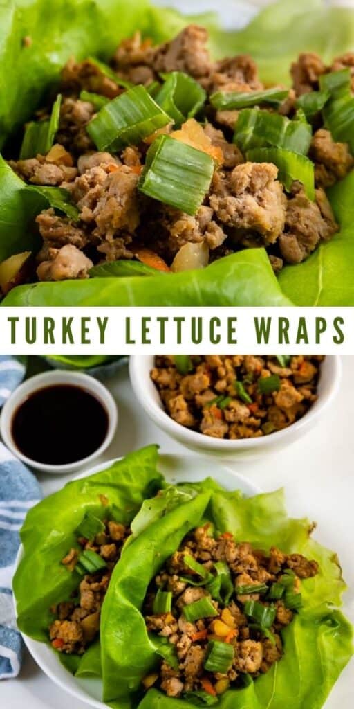 Photo collage of turkey lettuce wraps with recipe title in middle of photos